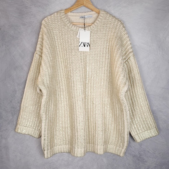 Zara Sweaters - Zara Sweater Womens Large Gold Metallic Knit Oversized Pullover Crewneck Chunky